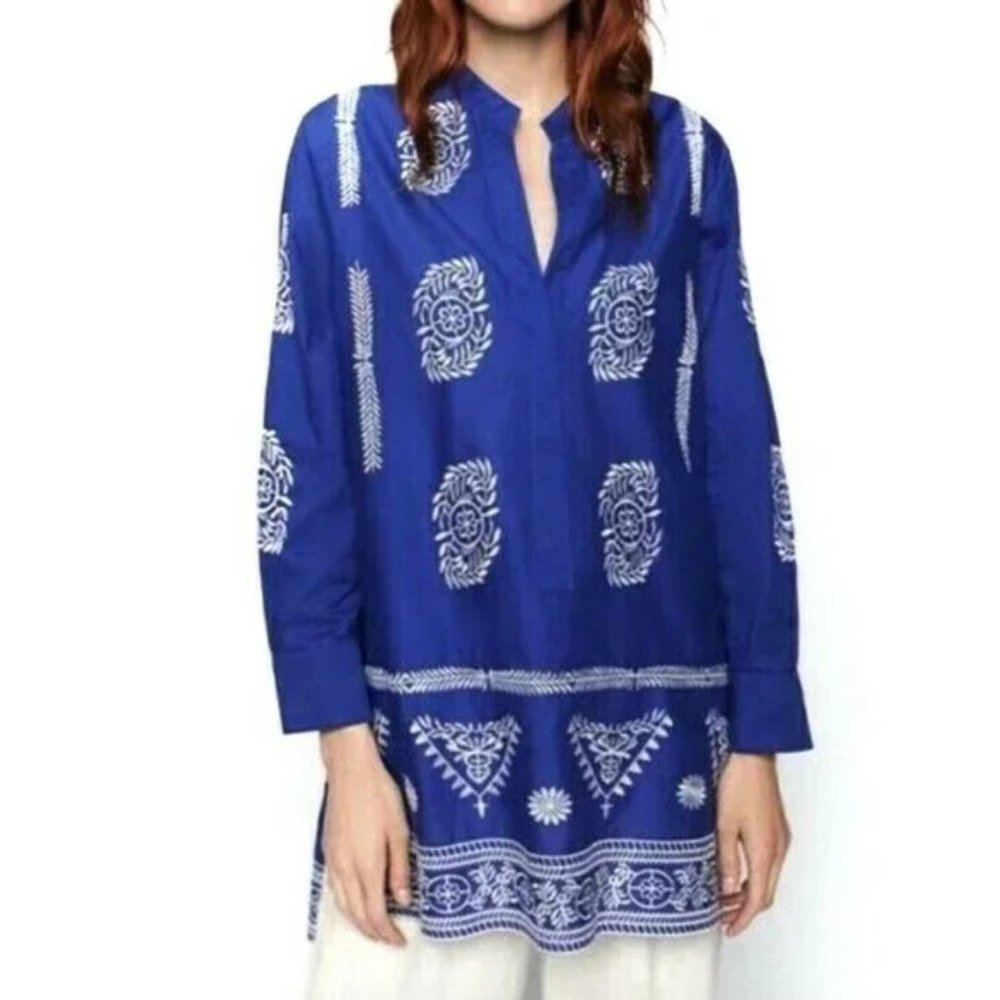 ZARA Embroidered Cotton Tunic Hi Lo Hem Blue with White Sz L/XL - Picture 9 of 13